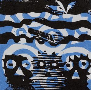 1 Kalevipoeg - 12 - Veevaimu Kuld (T.Laamann, 2013, woodcutprint, 10x10cm)