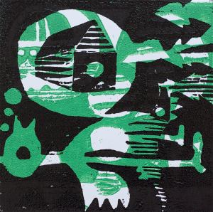 1 Kalevipoeg - 14 - Pikk Magamine ja Unenägu (T.Laamann, 2013, woodcutprint, 10x10cm)