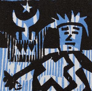 1 Kalevipoeg - 16 - Allilma Vaatlus (T.Laamann, 2013, woodcutprint, 10x10cm)