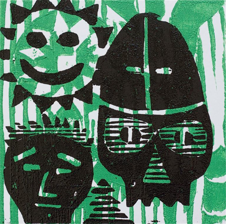 1 Kalevipoeg - 22 - Kalevipoja Surm, Põrgu Väravas (T.Laamann, 2013, woodcutprint, 10x10cm)
