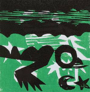 1 Kalevipoeg - 6 - Kalevipoja Ujumisreis (T.Laamann, 2013, woodcutprint, 10x10cm)