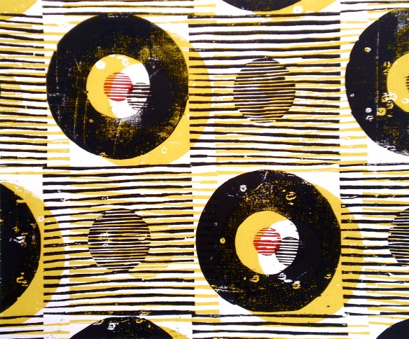 Record Shop (2012, woodcutprint, 40x50cm)