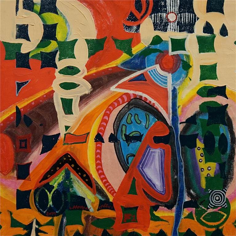 F1 (Tarrvi Laamann, 2014, woodcutprint, oil, canvas, 44x44cm)