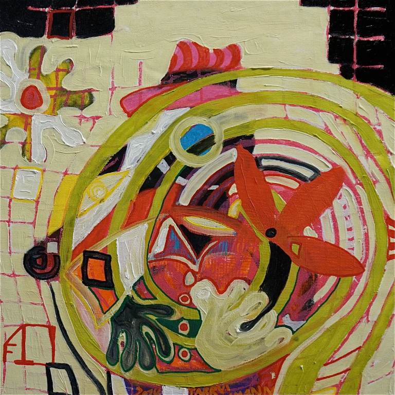 F10 (Tarrvi Laamann, 2014, woodcutprint, oil, canvas, 44x44cm)