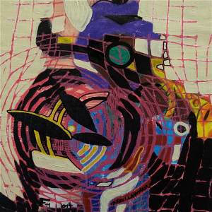 F11 (Tarrvi Laamann, 2014, woodcutprint, oil, canvas, 44x44cm)