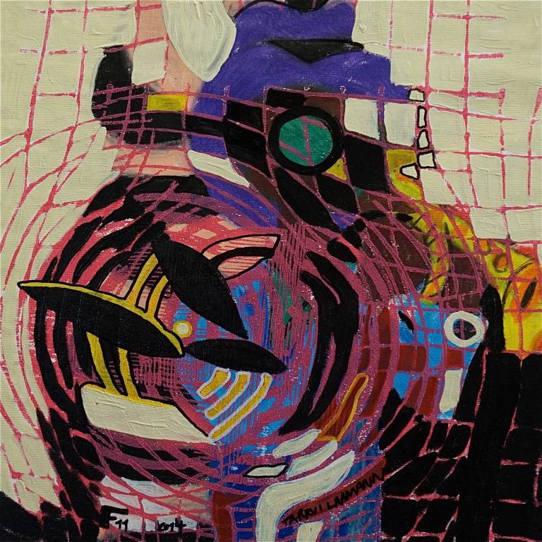 F11 (Tarrvi Laamann, 2014, woodcutprint, oil, canvas, 44x44cm)