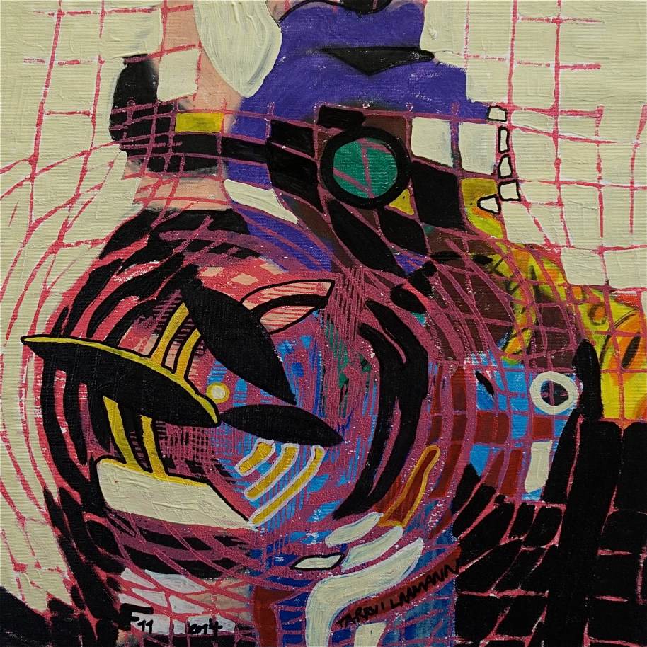F11 (Tarrvi Laamann, 2014, woodcutprint, oil, canvas, 44x44cm)