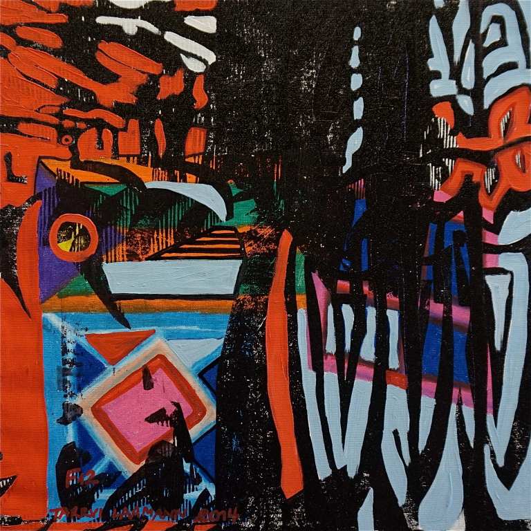 F12 (Tarrvi Laamann, 2014, woodcutprint, oil, canvas, 44x44cm)