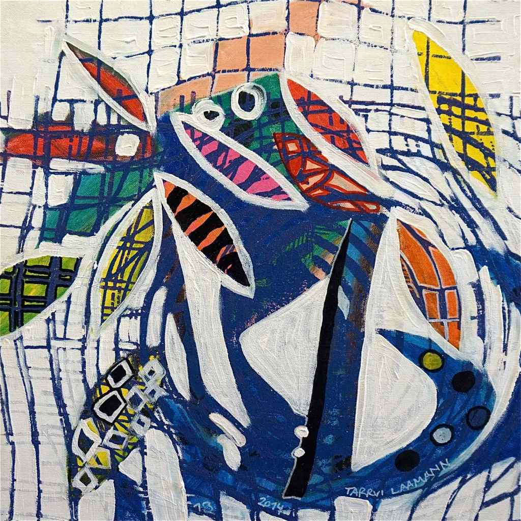 F13 (Tarrvi Laamann, 2014, woodcutprint, oil, canvas, 44x44cm)
