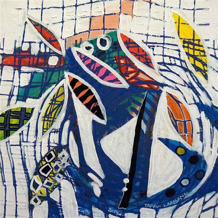 F13 (Tarrvi Laamann, 2014, woodcutprint, oil, canvas, 44x44cm)