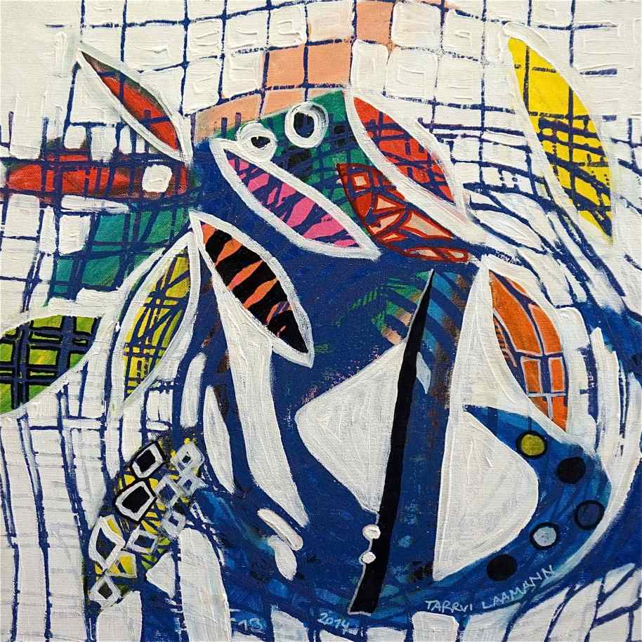 F13 (Tarrvi Laamann, 2014, woodcutprint, oil, canvas, 44x44cm)
