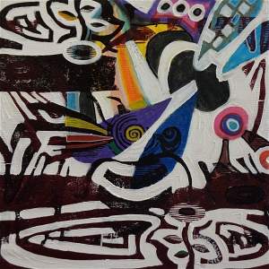 F14 (Tarrvi Laamann, 2014, woodcutprint, oil, canvas, 44x44cm)