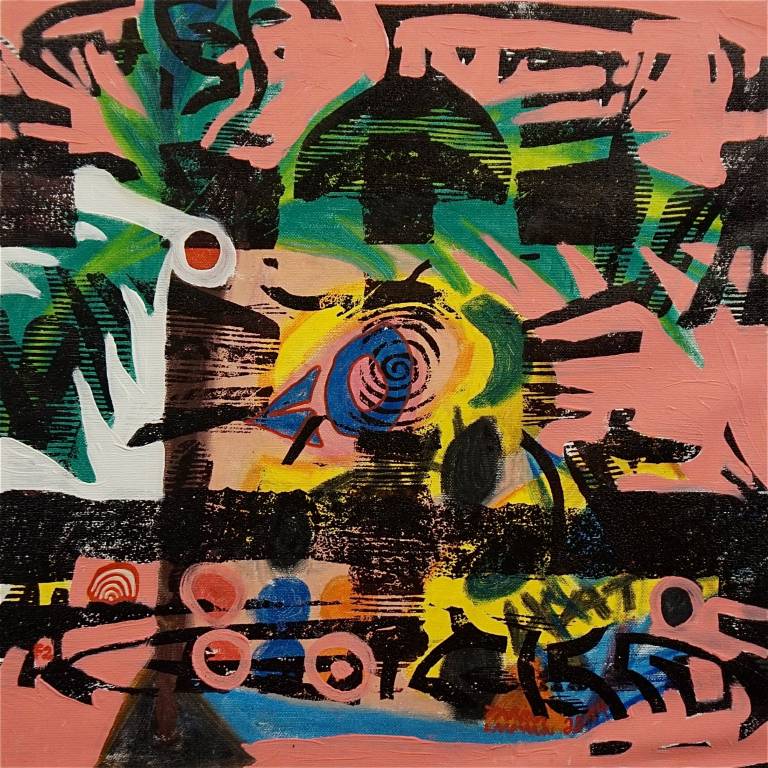 F2 (Tarrvi Laamann, 2014, woodcutprint, oil, canvas, 44x44cm)