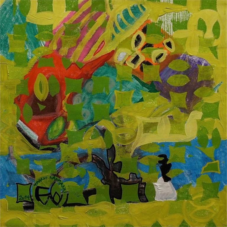 F6 (Tarrvi Laamann, 2014, woodcutprint, oil, canvas, 44x44cm)