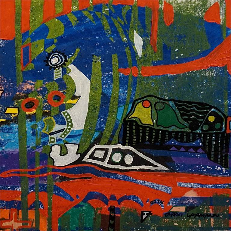 F7 (Tarrvi Laamann, 2014, woodcutprint, oil, canvas, 44x44cm)