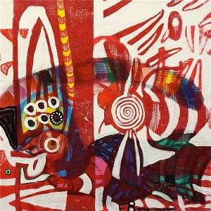 F8 (Tarrvi Laamann, 2014, woodcutprint, oil, canvas, 44x44cm)