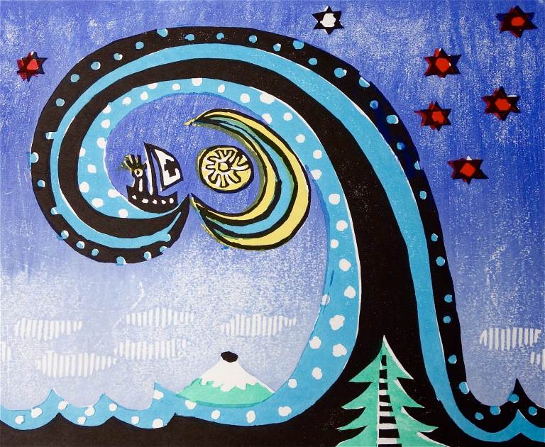 Mount Fuji & Great Wave (Tarrvi Laamann, 2013, mokuhanga, 24x20cm)