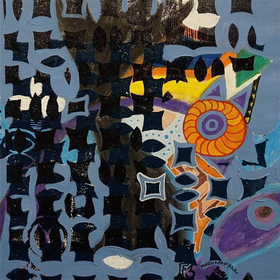 F3 (Tarrvi Laamann, 2014, woodcutprint, oil, canvas, 44x44cm)