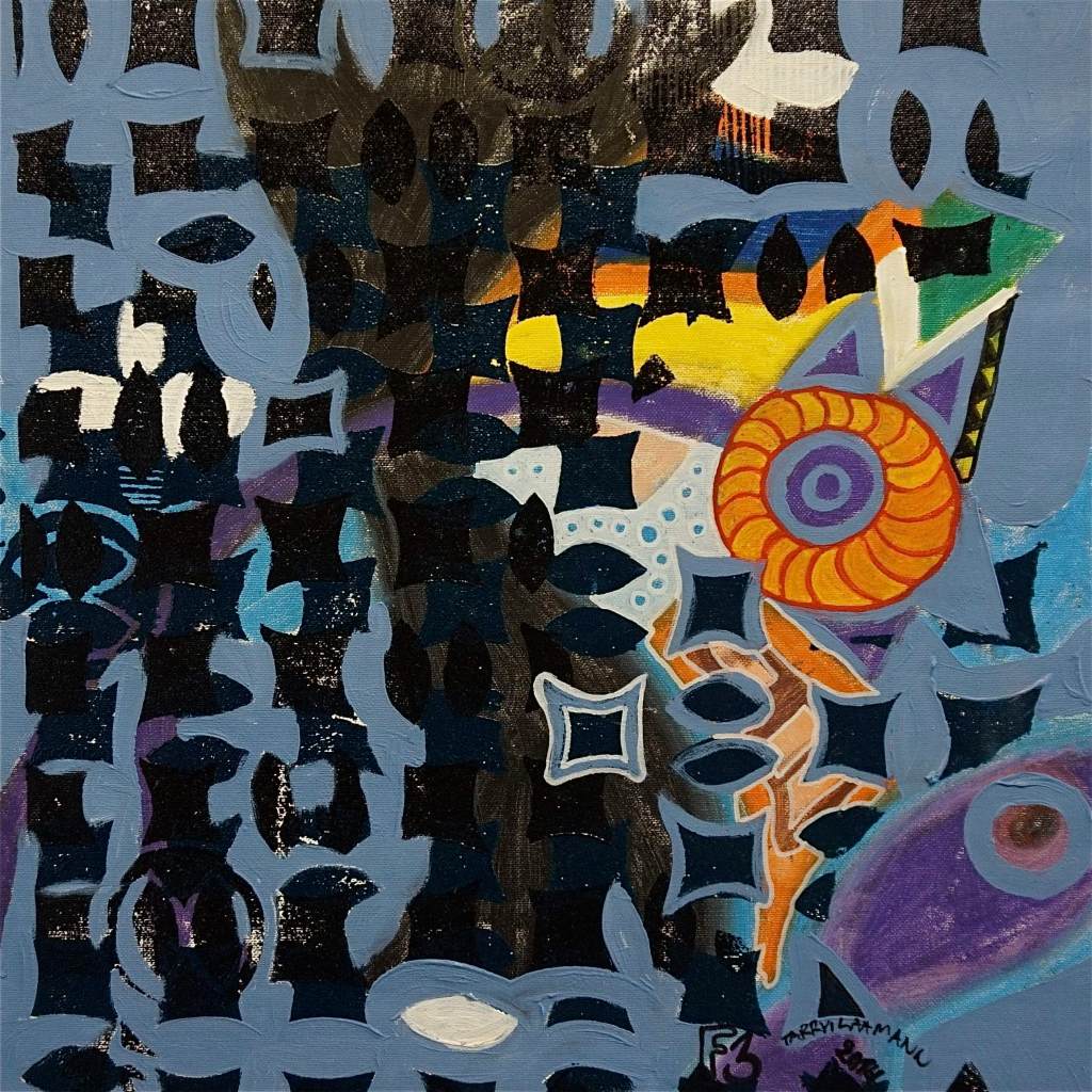 F3 (Tarrvi Laamann, 2014, woodcutprint, oil, canvas, 44x44cm)