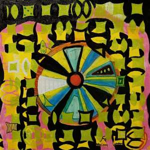 F4 (Tarrvi Laamann, 2014, woodcutprint, oil, canvas, 44x44cm)