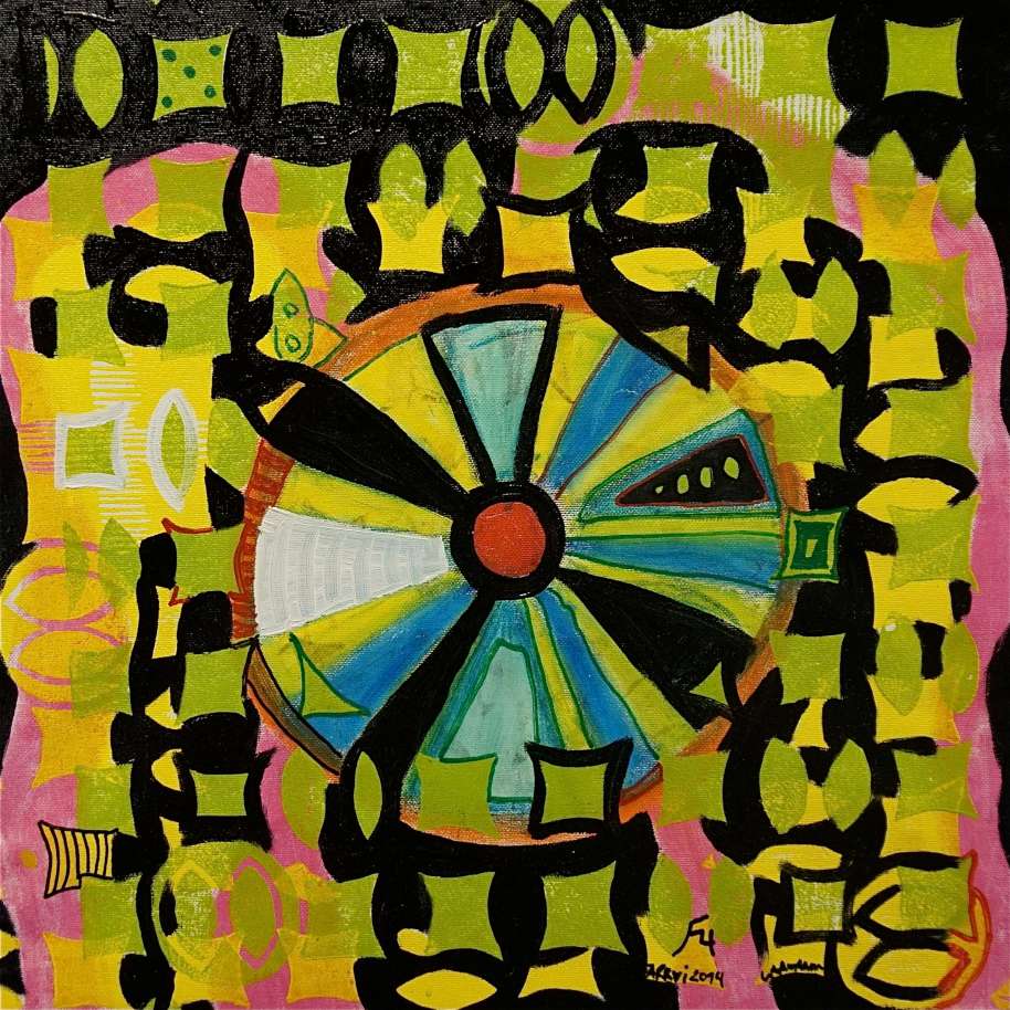 F4 (Tarrvi Laamann, 2014, woodcutprint, oil, canvas, 44x44cm)