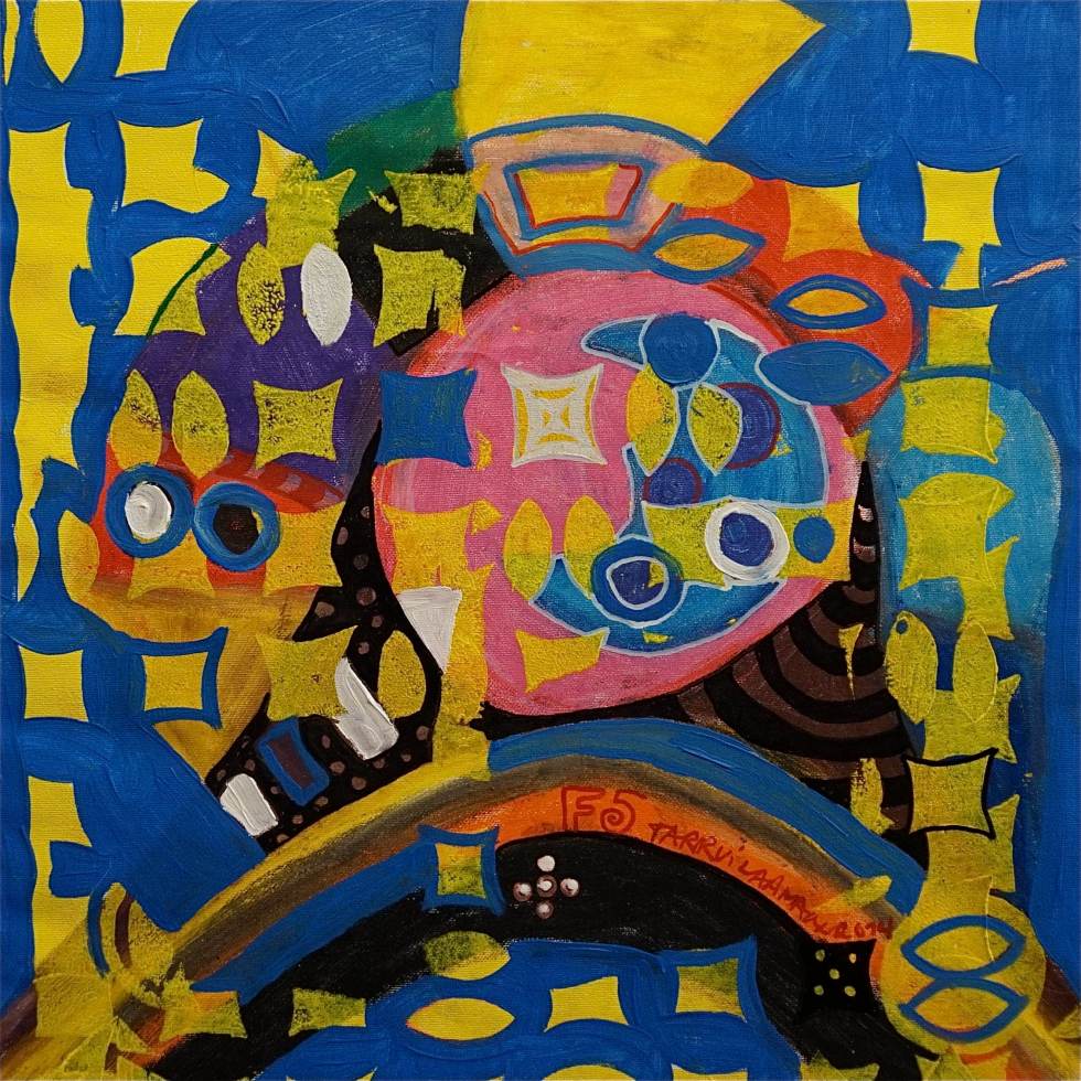 F5 (Tarrvi Laamann, 2014, woodcutprint, oil, canvas, 44x44cm)